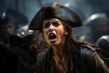 Fierce pirate woman shouting in stormy weather