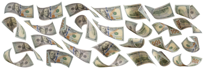 collection of flying money 100 dollar isolated with clipping path on  background.