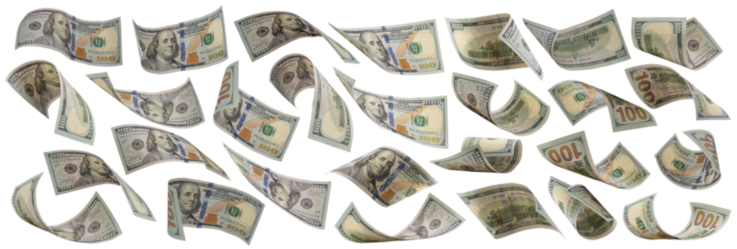 collection of flying money 100 dollar isolated with clipping path on  background.