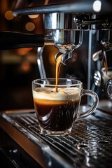 Fototapeta premium Professional coffee brewing. A Preparation of espresso coffee by using coffee machine. Espresso pouring from coffee machine. Close-up of espresso pouring from coffee machine. Vertical photo.