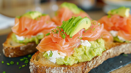 Avocado toast with smoked salmon for breakfast, homemade cuisine and traditional food, country life