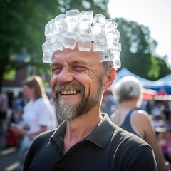 smiling man wearing ice cube crown