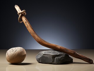 ancient tools and rocks on dark background