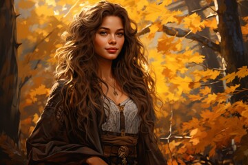 woman with long curly hair in autumn forest