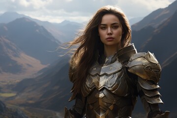Naklejka premium Warrior woman in armor stands on a mountain