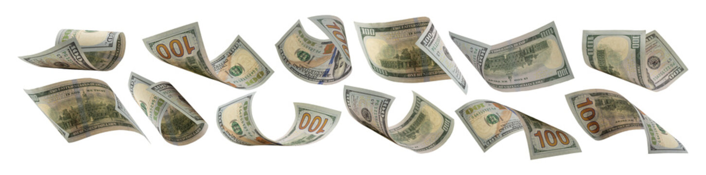 collection of flying money 100 dollar isolated with clipping path on  background.