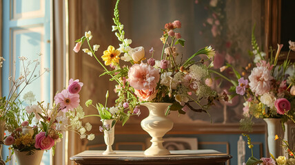 Fototapeta na wymiar Spring flowers in vintage vase, beautiful floral arrangement, home decor, wedding and florist design