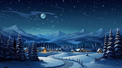 Enchanting winter landscape with snowy mountains, forest, and illuminated cottages under a starry night sky