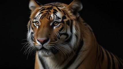 Fototapeta premium Close up of tiger on black background with copy space for text.