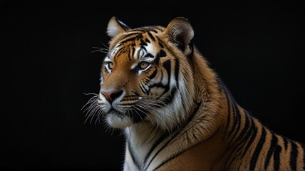 Fototapeta premium Zbliżenie tygrysa na czarnym tle z miejscem na tekst.