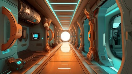 futuristic spaceship interior with glowing orange and teal lights