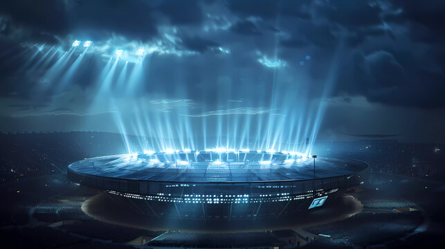 Aerial view of football stadium with light shining up to the cloud.Opening ceremony atmosphere of Oympic or football event.