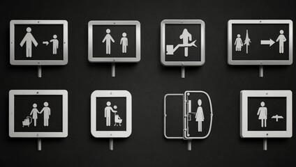 AI generative of flat icon set of sign graphic of direction symbols in public area isolated white on black background. Illustration and element for print. Set 4