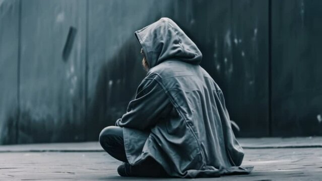 Side view of Homeless person in hood sitting on street.