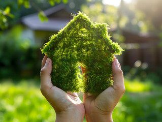 Hand holding green home and eco-friendly construction conceptual, ecology and sustainability concept. World environment day.