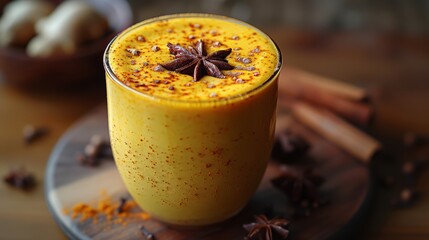 Golden turmeric milk drink, cinnamon sprinkle, star anise, ancient spices theme