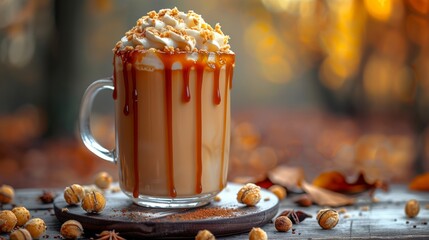 Frothy caramel milk drink, salted caramel drizzle, cozy autumn evening theme