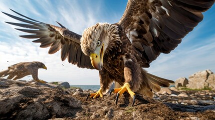 Majestic eagle taking flight on rocky coast