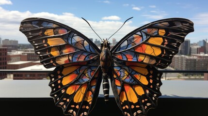 Vibrant stained glass butterfly sculpture against city skyline
