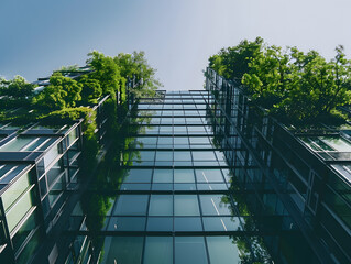 Eco-friendly buildings in modern cities. Sustainable glass office building with tree for reducing carbon dioxide. Glass building with green environment against blue sky.