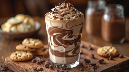 Chocolate and vanilla milk swirl, tall glass, dark and light contrast, cookies on side