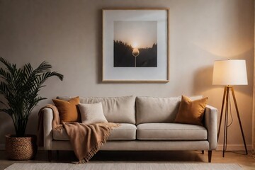 Domestic living room with a sofa, lamp, and minimal art frame in a perfect composition, natural light, warm feeling. Summer living room idea.