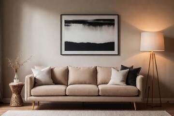 Domestic living room with a sofa, lamp, and minimal art frame in a perfect composition, natural light, warm feeling. Summer living room idea.