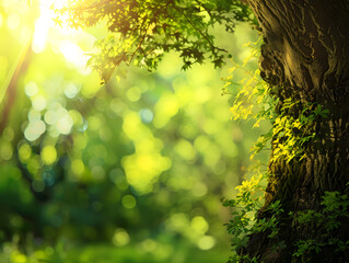 Obraz premium Scenic forest of fresh green deciduous trees in spring, with the sun shining warmly through the leaves. Nature of green leaf in garden at summer.