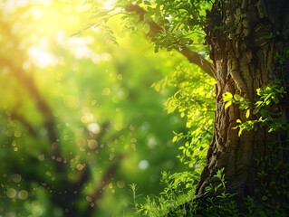 Scenic forest of fresh green deciduous trees in spring, with the sun shining warmly through the leaves. Nature of green leaf in garden at summer.