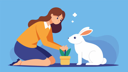 A woman placing a small discreet communication interpreter collar on her pet rabbit giving her a new level of understanding of her beloved bunny.. Vector illustration