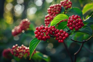 A close shot of bunch of dogwood tree with ripe berries with a big space for text over blurry nature backdrop, Generative AI.