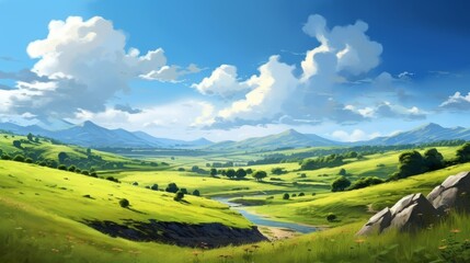 Fototapeta premium Scenic landscape with rolling hills, mountains, and a winding river