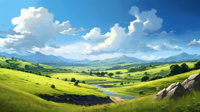 Scenic landscape with rolling hills, mountains, and a winding river