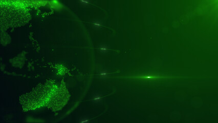 Futuristic Green Shiny Half Left Position View Of Dotted Globe Earth World Map, Featuring Australia–Indonesia, With Bokeh Light Flare Background