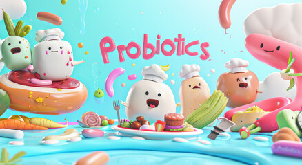 3d cartoon illustration of cute tiny happy bacteria cooking in the stomach, on top is an empty iridescent light blue background with large letters "PROBIOTICS"
