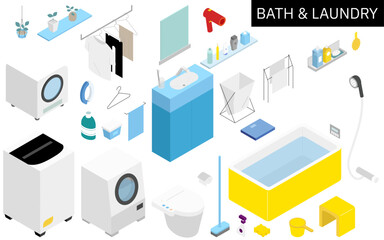Isometric illustration of bath and laundry supplies needed for new life