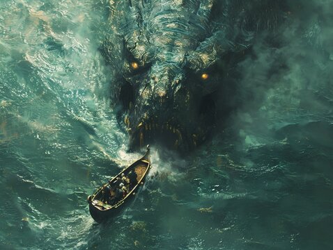Aerial perspective of Beowulf diving into the mere to face Grendel s mother, dark waters , hyper detailed