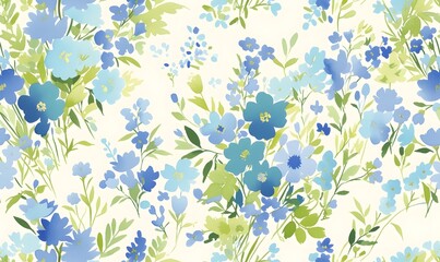 blue flower green leaf pattern, Generative AI 