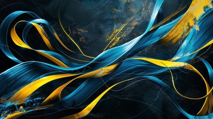Obraz premium Blue and yellow ribbons of light elegantly intertwine on a dark blue background.