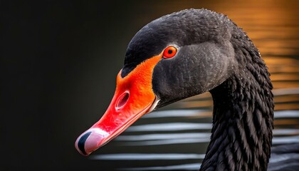 a close up of a black swan with a red beak and orange eyes on a black background with a black background.