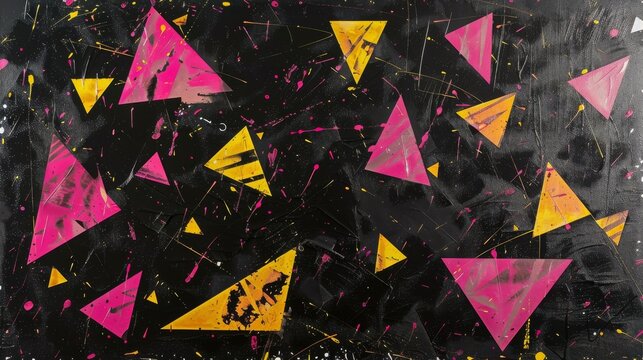 Colorful geometric shapes. Pink and yellow triangles on black background.