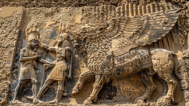 Looking down on Gilgamesh and Enkidu grappling with the Bull of Heaven, dusty plains , Ideogram