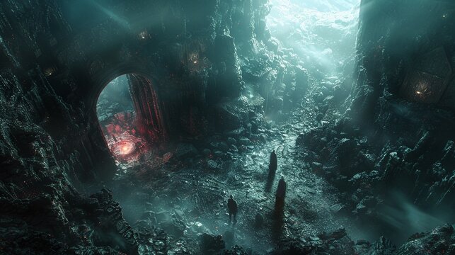 Orpheus enchanting the underworld from above, shadowy figures and eerie landscapes , high resolution
