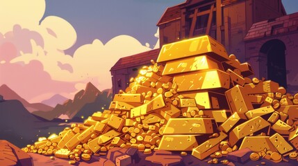Piles of gold treasure against a ruin backdrop at sunset