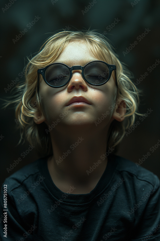 Sticker a young blonde boy wearing sunglasses and a black shirt