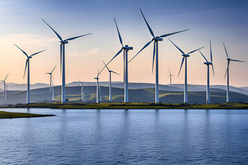 wind power plant as an alternative renewable energy resource; with blue sky and water source