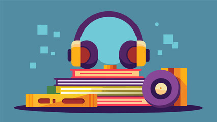 A set of headphones resting on a pile of records giving off a nostalgic and cozy vibe. Vector illustration