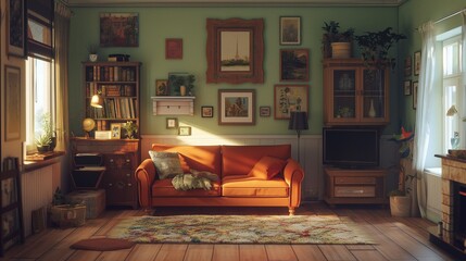 photorealistic depiction of a living room without a splash in a comfortable, well-lit house