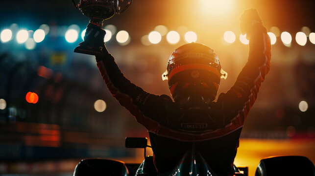 a victorious race car driver triumphantly raises a trophy aloft against the backdrop of brilliant stadium lights