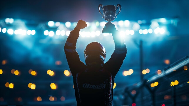 a victorious race car driver triumphantly raises a trophy aloft against the backdrop of brilliant stadium lights
